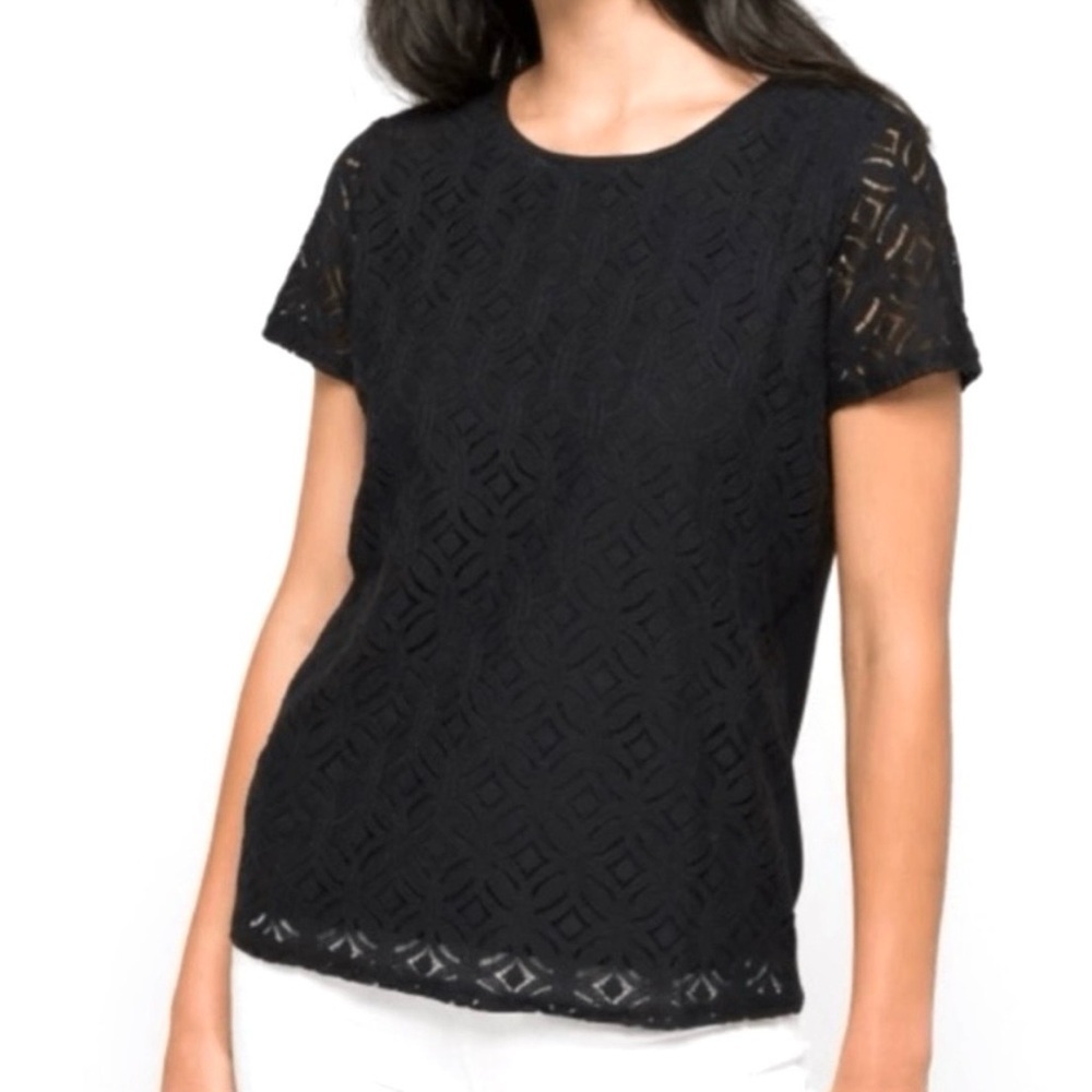 Market & Spruce Hand Crocheted Front Mixed Material Black Top
